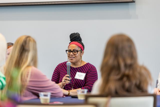 A Longwood alum speaks with students during a career panel.