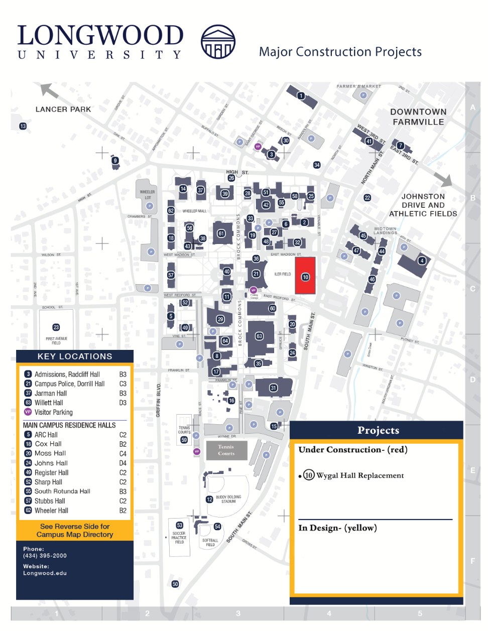 A campus map of Longwood University showing major construction projects, with Wygal Hall marked in red as under construction. Key locations like Admissions, Campus Police, and residence halls are labeled, and a legend explains project status. Contact info appears in the bottom left corner.
