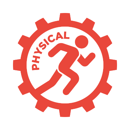 Red icon of a gear encircling a running figure. The word “Physical” curves along the inside of the gear. Runner symbolizes movement, strength, and active living. Graphic represents Longwood Well-Being’s core value of Physical well-being.