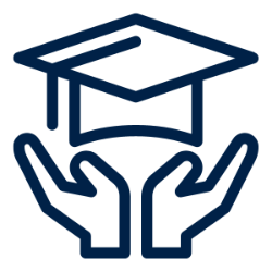-Dark blue line icon showing a graduation cap held by two upward-facing hands. The design symbolizes support, education, and achievement. Clean, modern lines give the illustration a professional and academic feel. Often used to represent scholarships, mentorship, or student success initiatives.