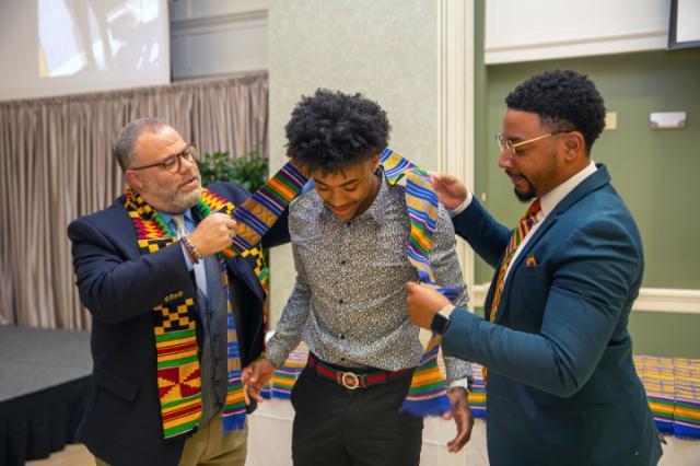 Donning of the Kente is a rite of passage recognizing seniors who have had an impact on diversity, equity, and inclusion at Longwood