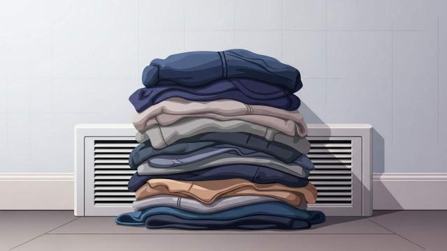 Stack of folded clothing placed in front of a wall air vent.