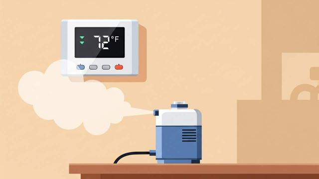 - Thermostat and Humidifier — A wall-mounted digital thermostat displays 72°F above a table with a humidifier emitting mist, illustrating indoor temperature and humidity control.