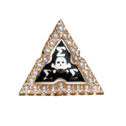 Sigma Sigma Sigma pin - Gold Sigma Sigma Sigma sorority pin in a triangular shape. Greek letters ΣΣΣ appear with a skull and crossbones design. Pearls line the gold border around a black enamel center. The pin is shown against a white background.