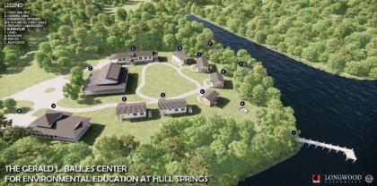 - Aerial rendering of the Gerald L. Baliles Center for Environmental Education at Hull Springs. Multiple buildings, cabins, and pathways are arranged around a central green space. A river runs along the right side, with a dock extending into the water. Labels identify features such as cabins, pavilion, fire pit, and parking areas.