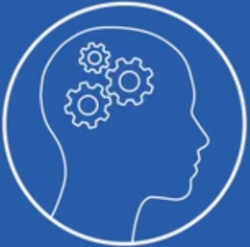 - Blue icon showing a side profile of a human head. Three white gear symbols appear inside the head outline. White circular border surrounds the head on a solid blue background. Graphic represents thinking, learning, or mental processes.