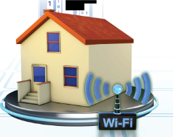 - Illustration of a house with a red roof and blue windows. A Wi-Fi signal icon and antenna appear beside the house.