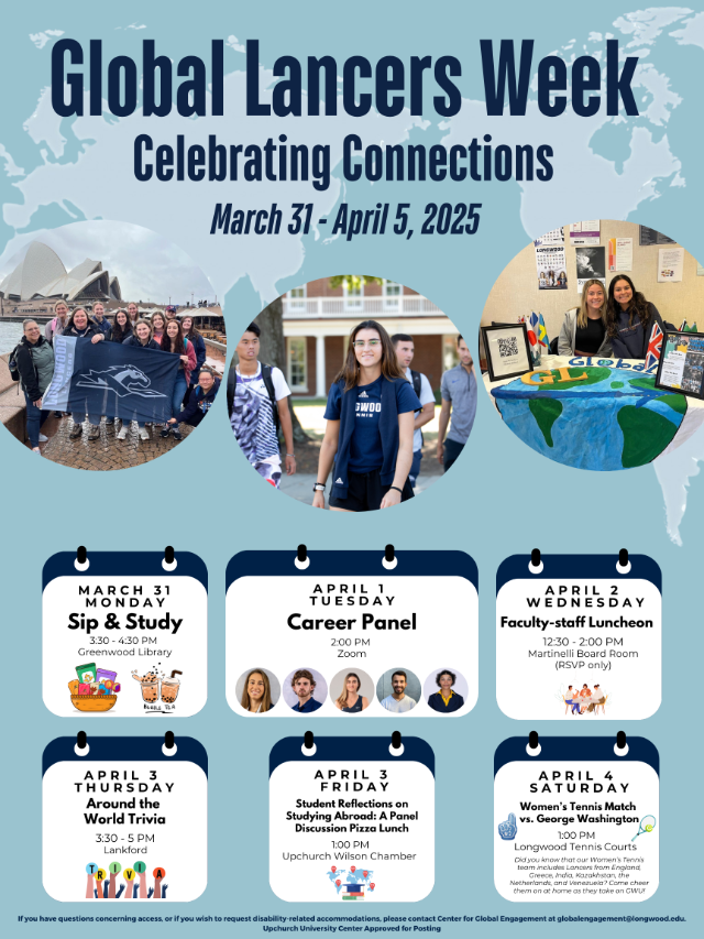 GLW Poster 2025 - Global Lancers Week poster listing events from March 31 to April 5, 2025.