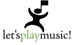 - A logo features a stylized black figure with a musical note as its head. The figure appears to be jumping or dancing. Below, the phrase “let’s play music!” is written in black and green text. The design emphasizes movement, music, and playful energy.