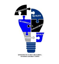 - Graphic of a lightbulb made from interlocking puzzle pieces in blue, black, and gray. Each piece contains a word including Purposeful, Quality, Meaningful, M.E. Engagement, Passion, and Goals. The pieces together form the shape of a lit bulb representing ideas and engagement. Text below reads: “Sponsored by Student Engagement, Upchurch University Center.”