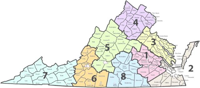 - Color-coded map of Virginia divided into eight numbered regions. Each region groups multiple counties and cities within the state. Large numbers label the regions across Northern, Central, Western, and Coastal Virginia. County and city names appear throughout the map within each colored region.