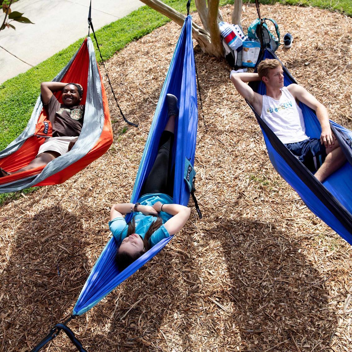 As long as the weather is nice, you&rsquo;ll find brightly colored ENOs decorating the trees around campus&mdash;providing the perfect spot to relax. 