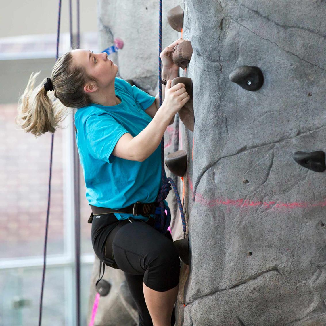 Among the not-so-hidden gems on campus is our 30-foot climbing wall, located in the almost 75,000-square-foot Health and Fitness Center. Many students find that climbing is a good way to decompress and let go of stress.