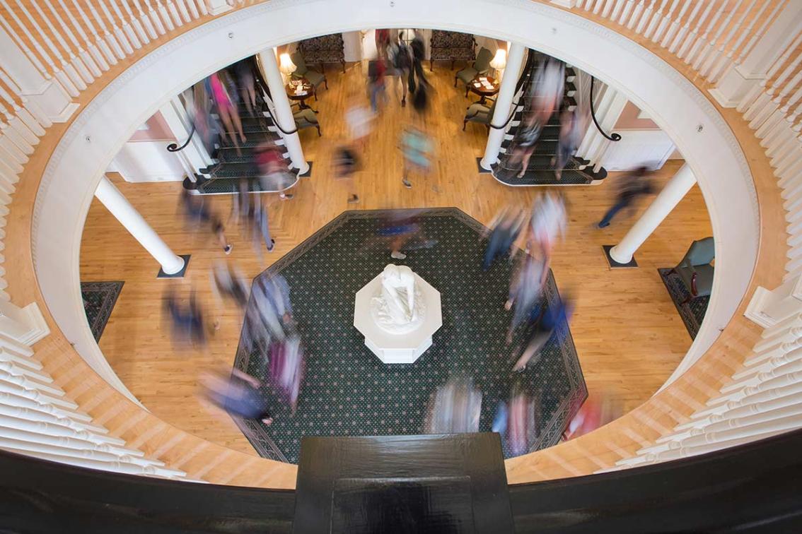 Class change. The original face of Joan of Arc on campus&mdash;affectionately known as &ldquo;Joanie on the Stony&rdquo;&mdash;stays silently watchful in the front lobby of the Rotunda as students make their way to the next class of the day.