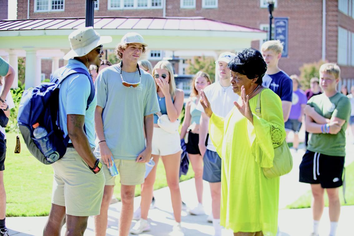 Martha Brown ’27 (right) says she hardly notices the age gap between her and her classmates—but she does enjoy bringing a different perspective to her classes based on her life experiences, which include a career in Baltimore working for Blue Cross/Blue Shield handling complicated medical claims.