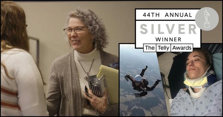 44th Annual Telly Awards Silver Winner - Graphic highlighting a 44th Annual Silver Winner at The Telly Awards. A professor speaks with a student while holding folders. Inset images show a person skydiving and a patient wearing a neck brace in a hospital bed. Award text appears prominently in the upper right of the image.