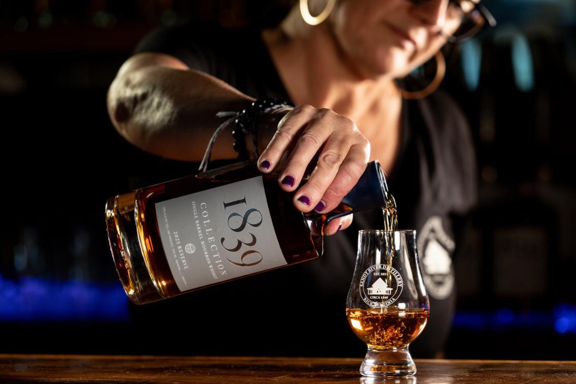 Pouring our 1839 Collection 2025 Reserve single barrel bourbon into a glass