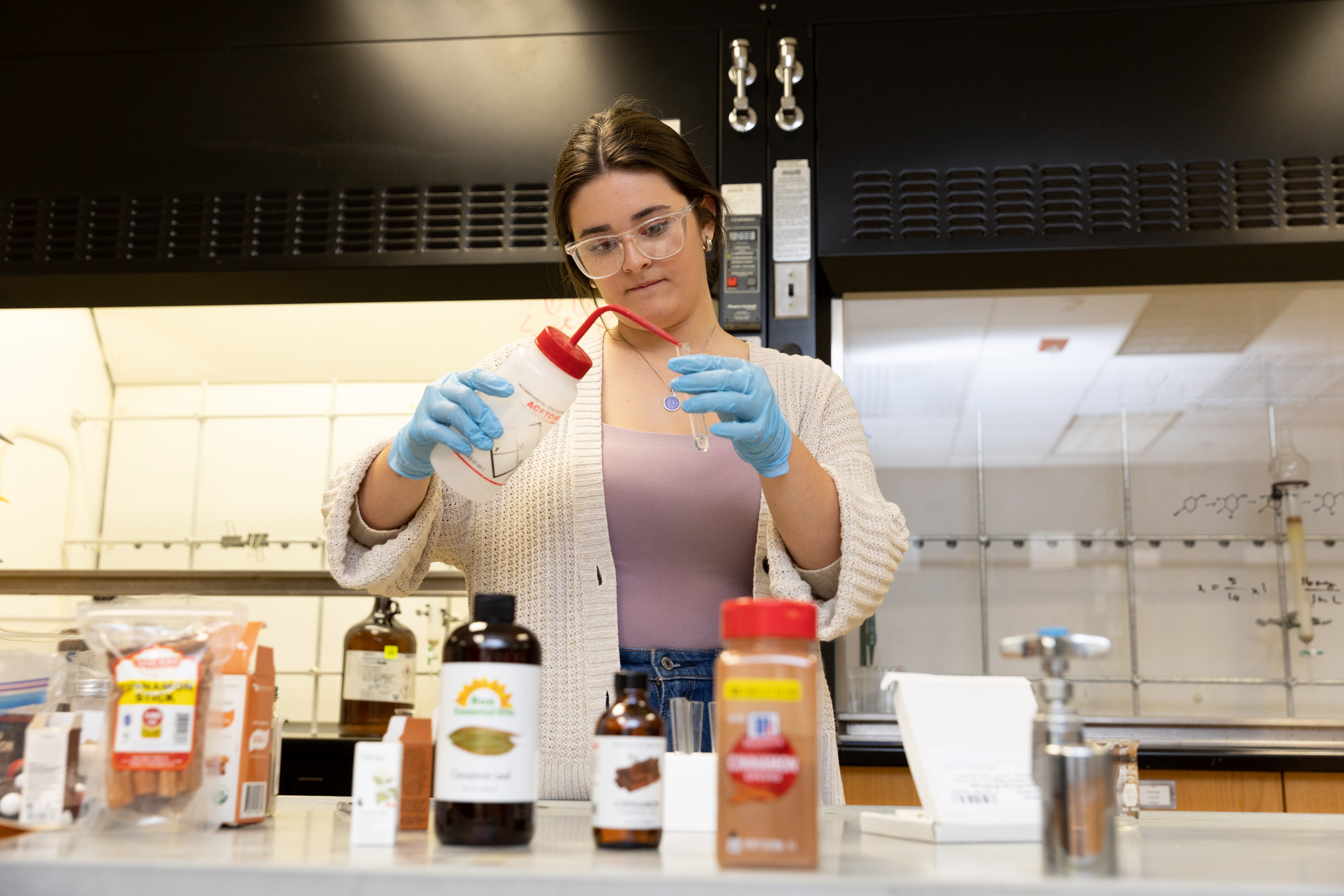 Moorea Whitfield '26 testing various cinnamon brands in Longwood's chemistry lab