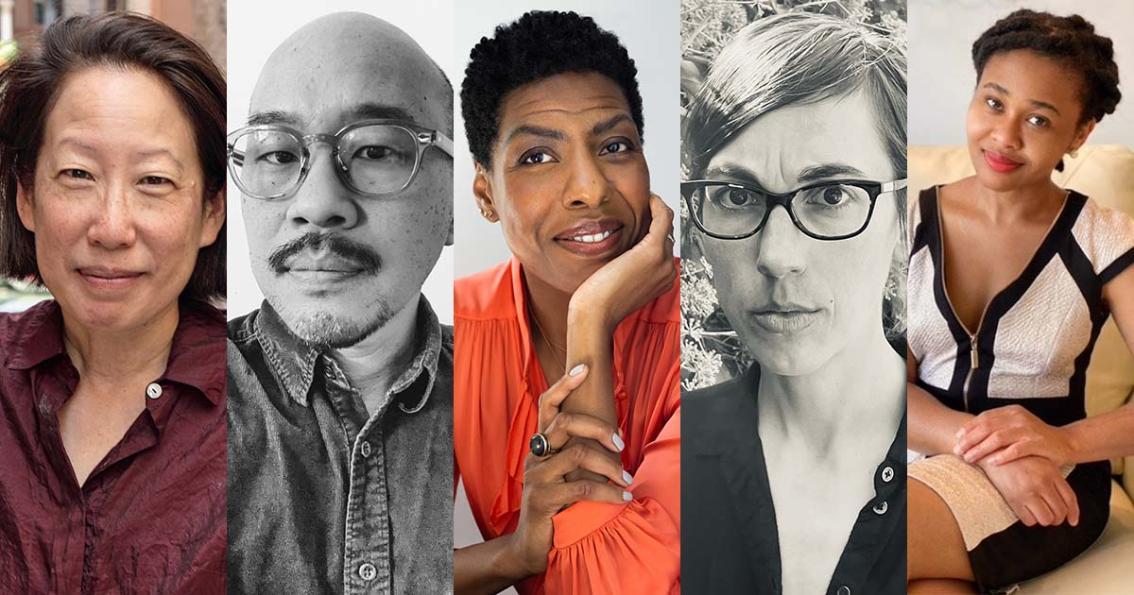 One of these five finalists—Jen (left), Lim, Mathis, Drager, Okparanta—will be named the 44th recipient of the John Dos Passos Prize for Literature - Five portrait photos arranged side by side in a horizontal collage. Two portraits are in black and white, including one person wearing glasses. The center portrait shows a person in an orange blouse resting their chin on their hand. The far-right por