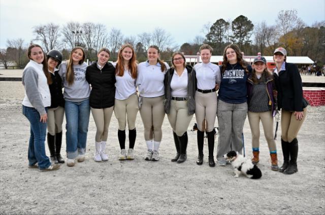 Members of the 2025-26 Longwood Equestrian Team, from left to right: Hannah Rayfield ’26, Kamillah Sheikh-Yassin ’29, Elsa Ikner ’29, Madison Zipf ’28, Peyton Clapper ’27, Olivia Sisk ’26, Lorelei Long ’27, Paige Cubeta ’29, Eleanor Waldschuetz ’29, Charlotte Schroeder ’29 and Alison Tomlin ’29.