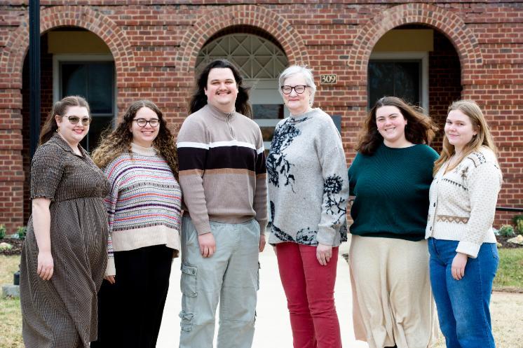 From L to R: Madeline Moeller '26, Edison Moscar '26, Garrett Ward '26, Professor of English Dr. Rhonda Brock, Kara Burks '26 and Zoe Nash '26.
