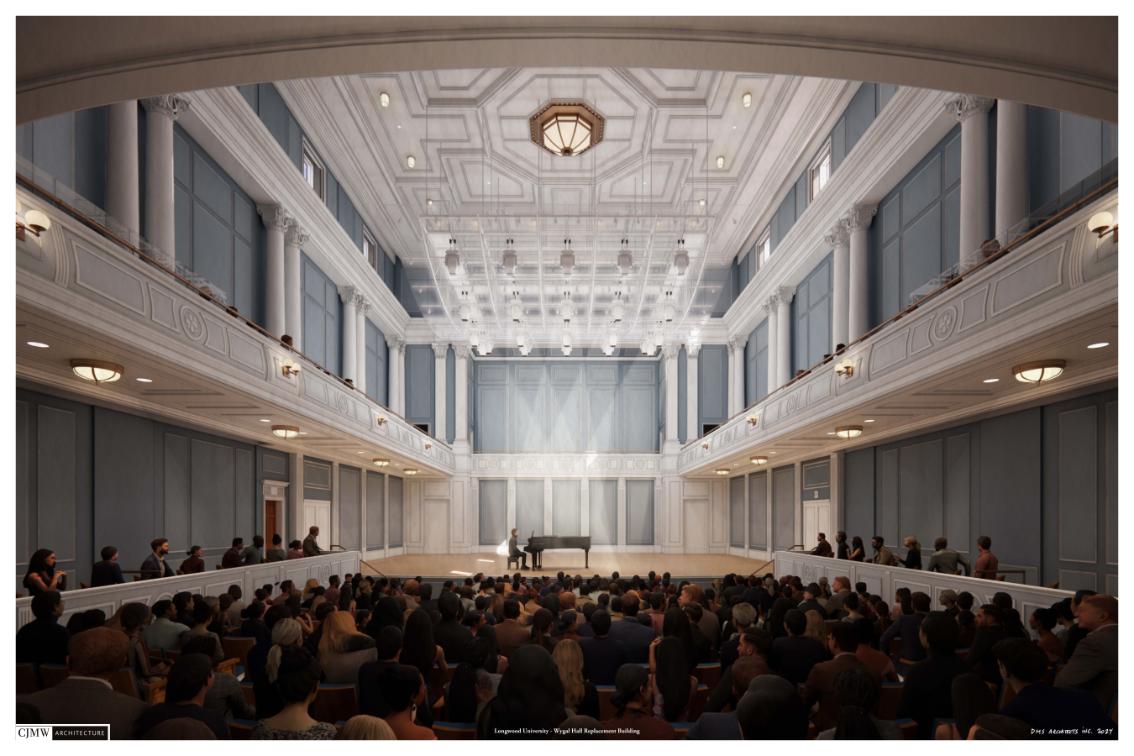 Rendering of the new Longwood music building performance hall, with a pianist on stage before an audience in a two-level concert space.